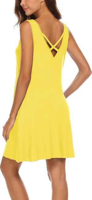 LuckyMore Women's Summer Sundresses Beach Cover Up Criss Cross Back Pocket Swing T-Shirt Dress S-3XL