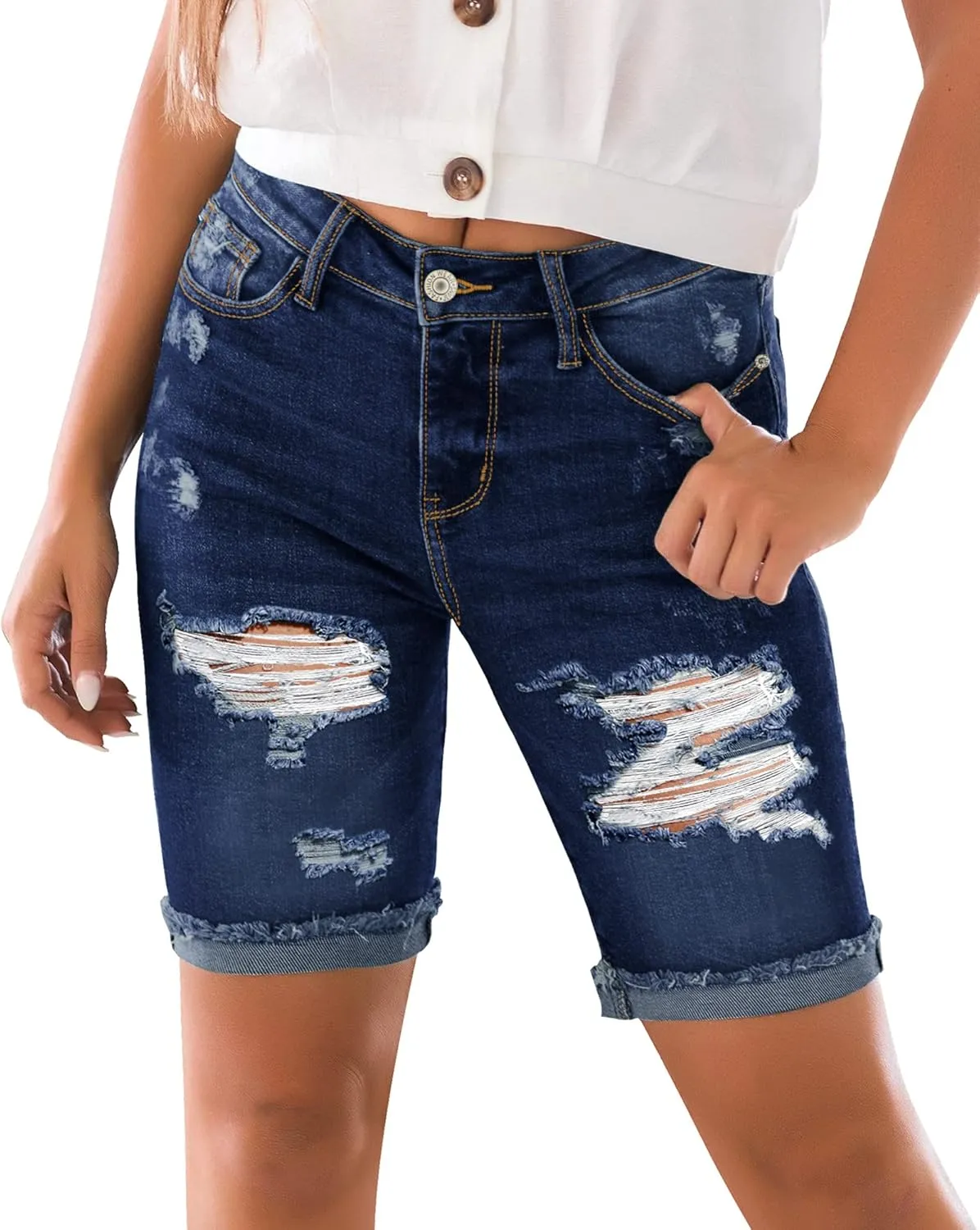 luvamia Women High Waisted Stretch Bermuda Shorts Ripped Rolled Hem Jean Shorts