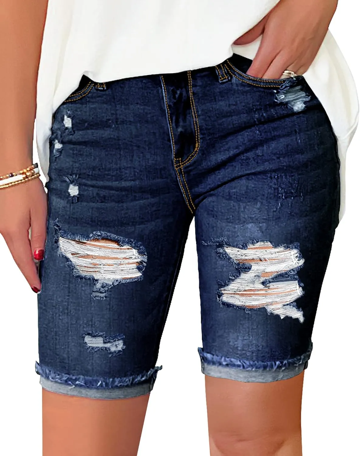 luvamia Women High Waisted Stretch Bermuda Shorts Ripped Rolled Hem Jean Shorts