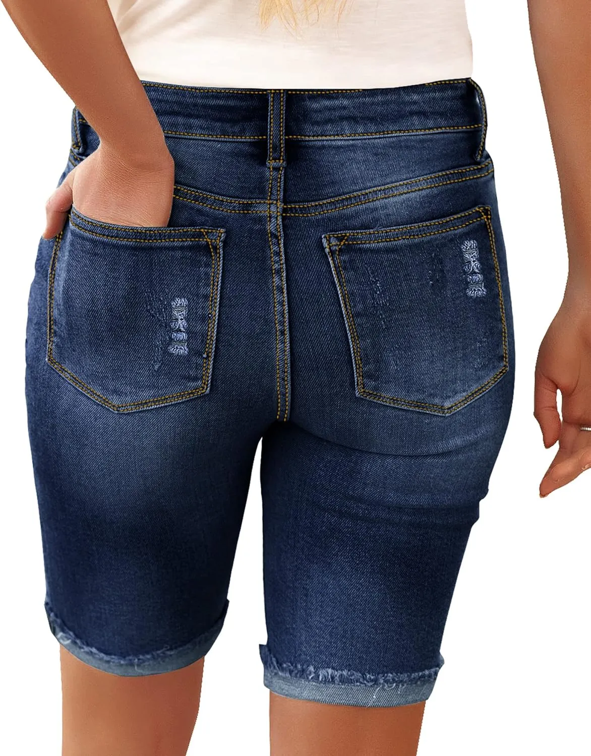 luvamia Women High Waisted Stretch Bermuda Shorts Ripped Rolled Hem Jean Shorts