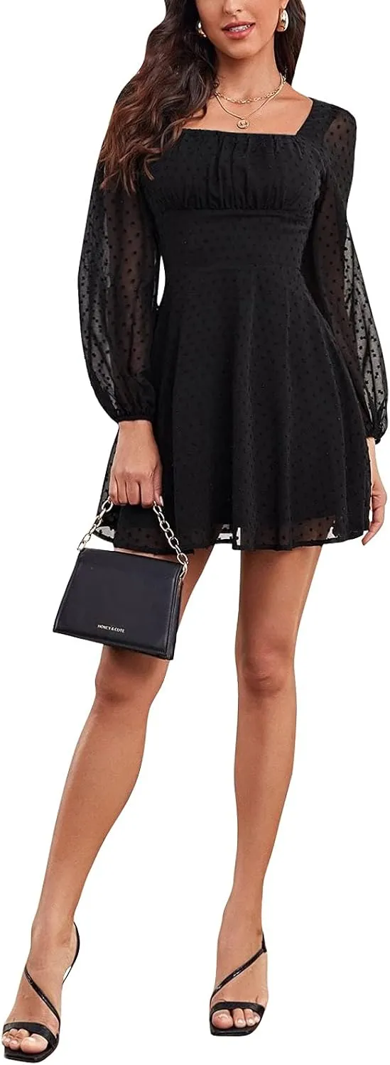 LYANER Women's Polka Dots Square Neck A line Long Sleeve Swiss Dots Mini Dress