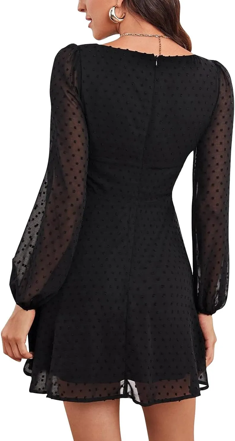 LYANER Women's Polka Dots Square Neck A line Long Sleeve Swiss Dots Mini Dress