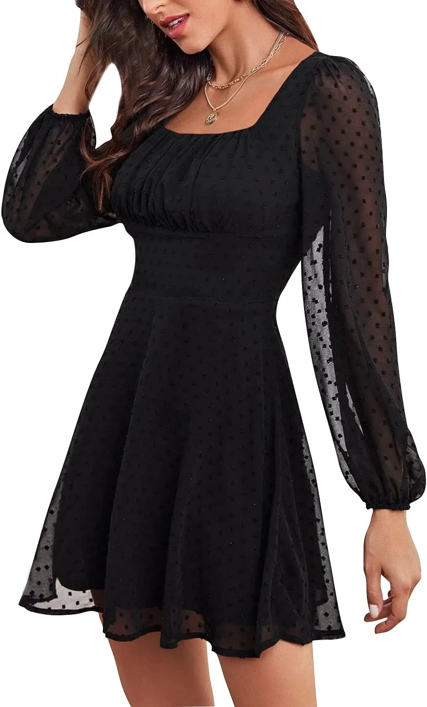 LYANER Women's Polka Dots Square Neck A line Long Sleeve Swiss Dots Mini Dress