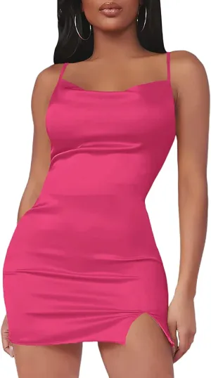 LYANER Women's Satin Silk Spaghetti Strap Slit Bodycon Sleeveless Mini Dress