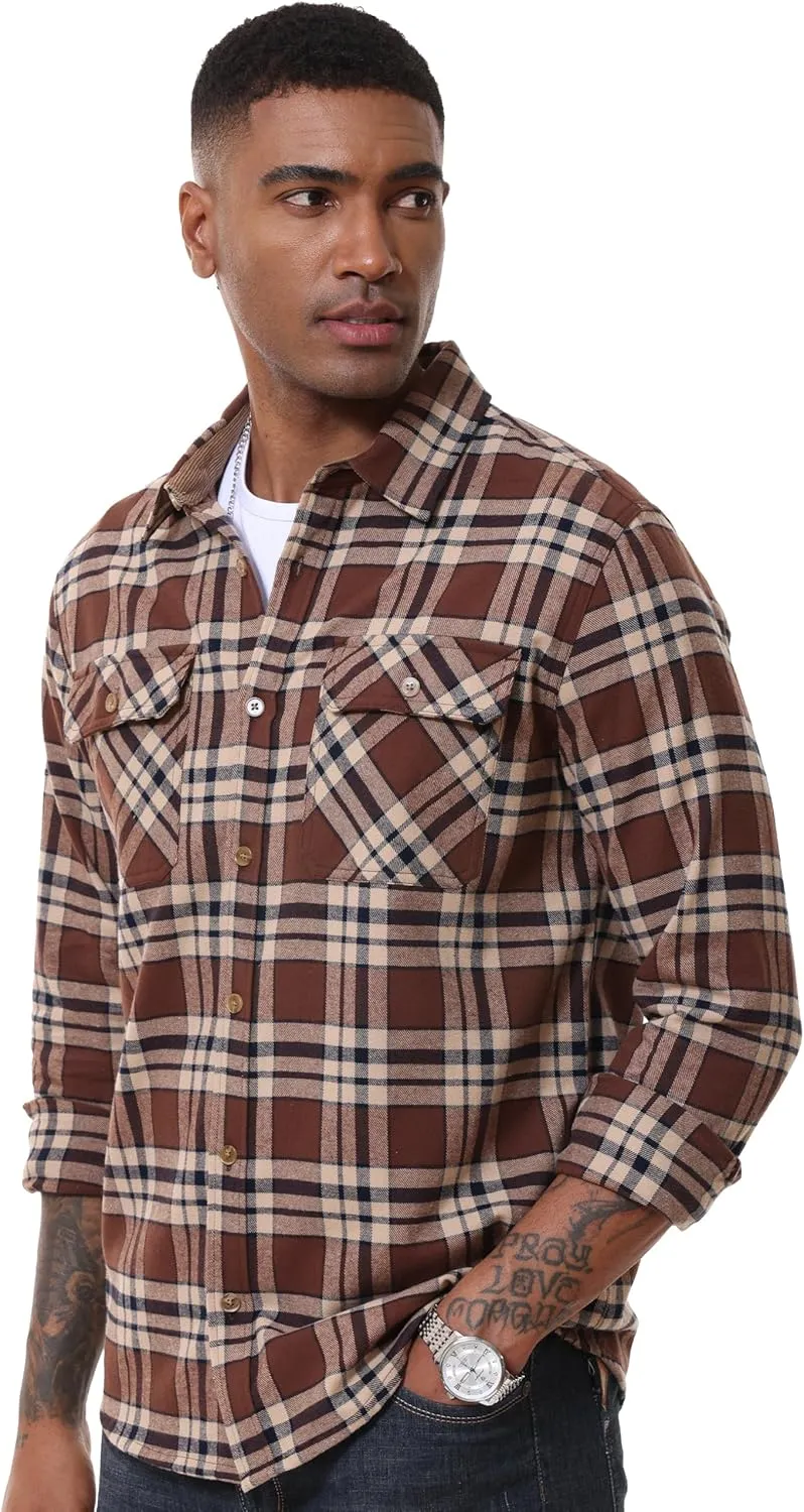 MAGCOMSEN Men's Flannel Shirts Long Sleeve Plaid Shirt Button Up Casual Shirts Lightweight Shirt Jacket with 2 Pockets