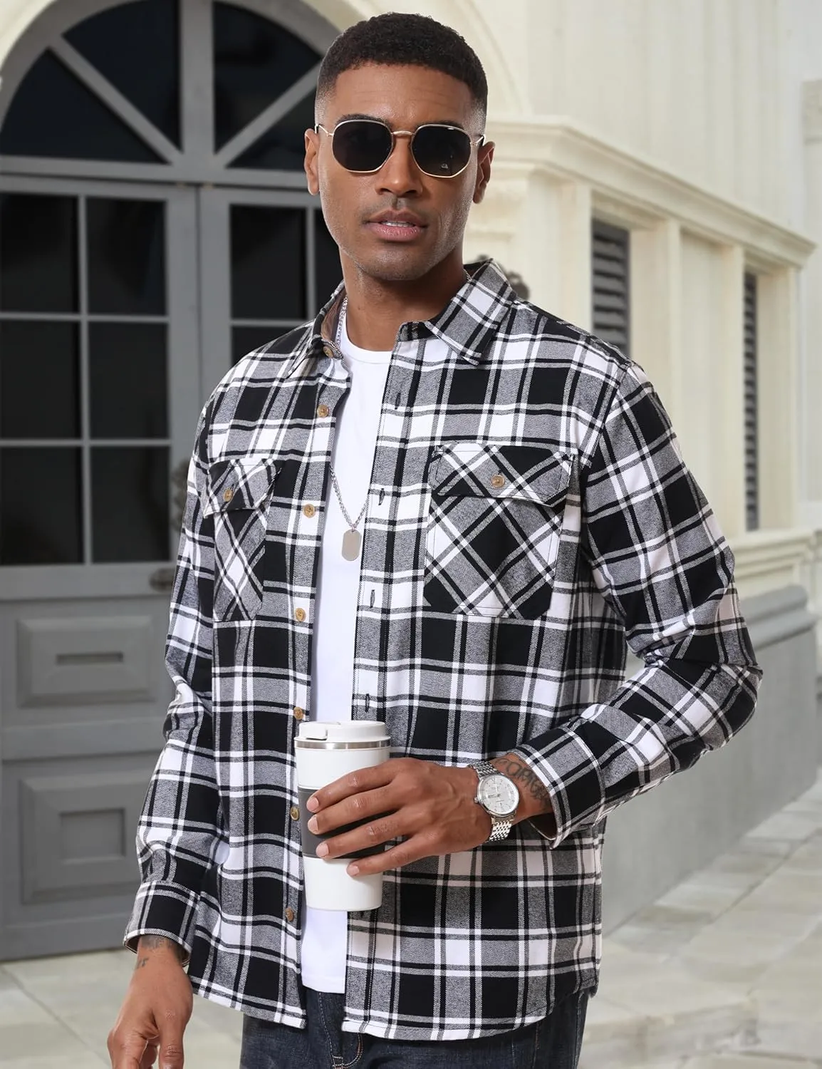 MAGCOMSEN Men's Flannel Shirts Long Sleeve Plaid Shirt Button Up Casual Shirts Lightweight Shirt Jacket with 2 Pockets