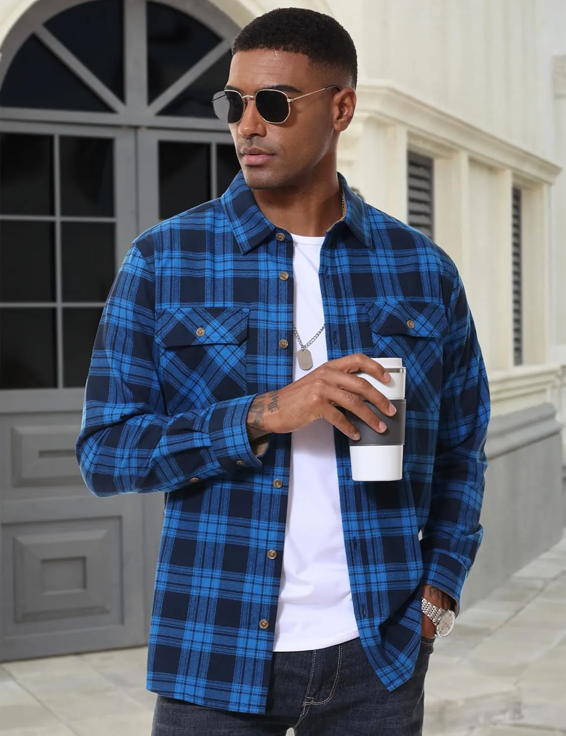MAGCOMSEN Men's Flannel Shirts Long Sleeve Plaid Shirt Button Up Casual Shirts Lightweight Shirt Jacket with 2 Pockets