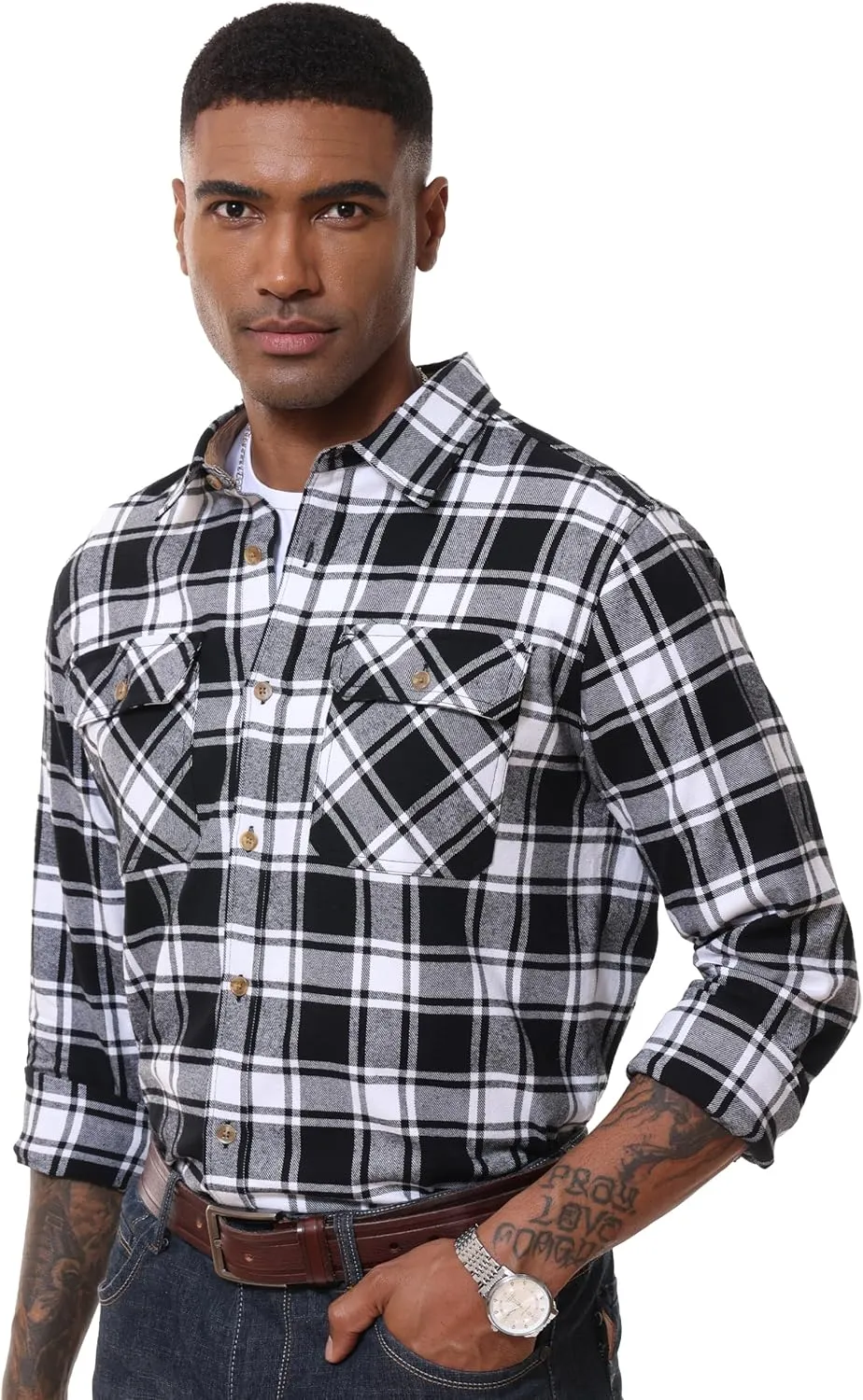 MAGCOMSEN Men's Flannel Shirts Long Sleeve Plaid Shirt Button Up Casual Shirts Lightweight Shirt Jacket with 2 Pockets