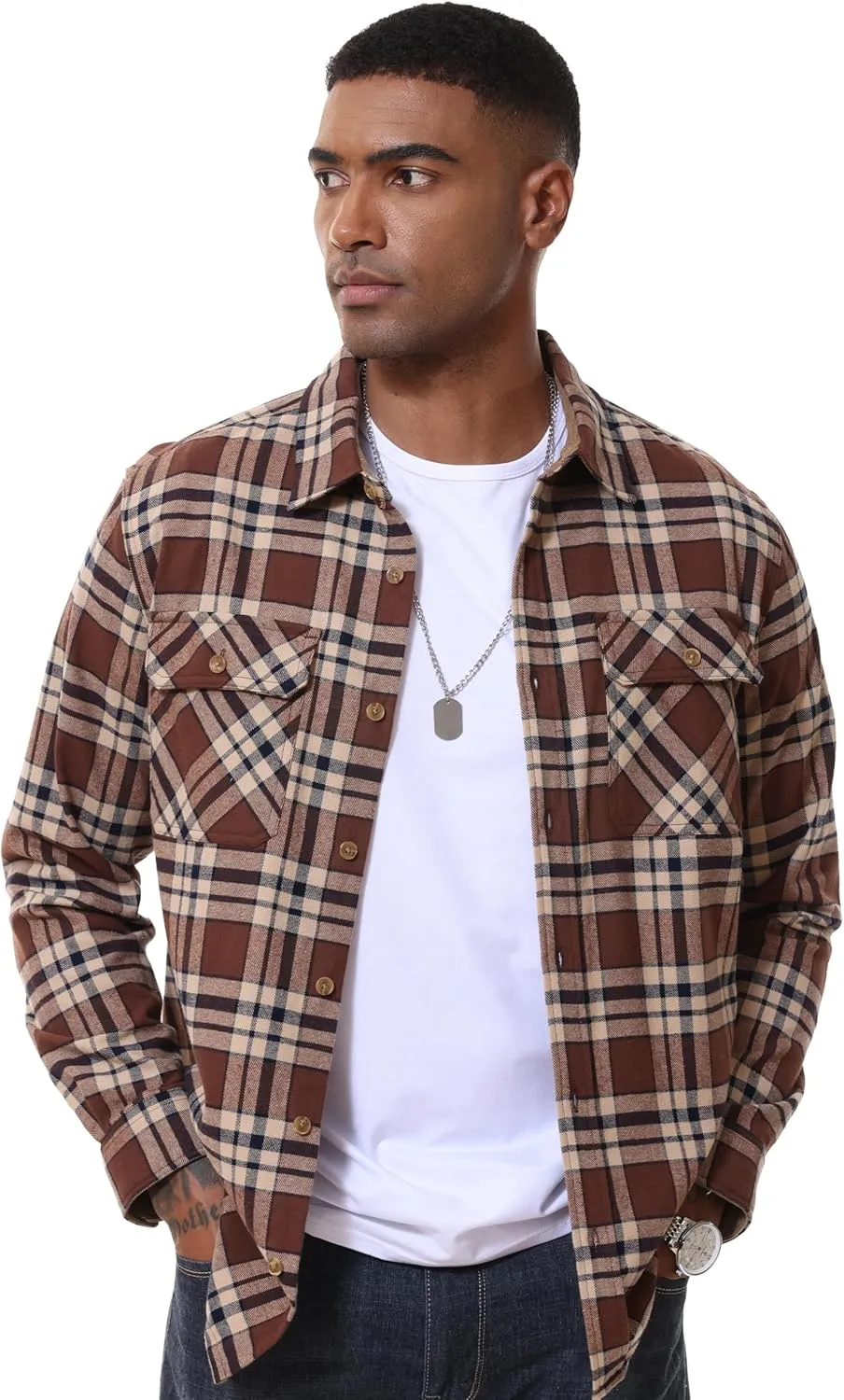 MAGCOMSEN Men's Flannel Shirts Long Sleeve Plaid Shirt Button Up Casual Shirts Lightweight Shirt Jacket with 2 Pockets