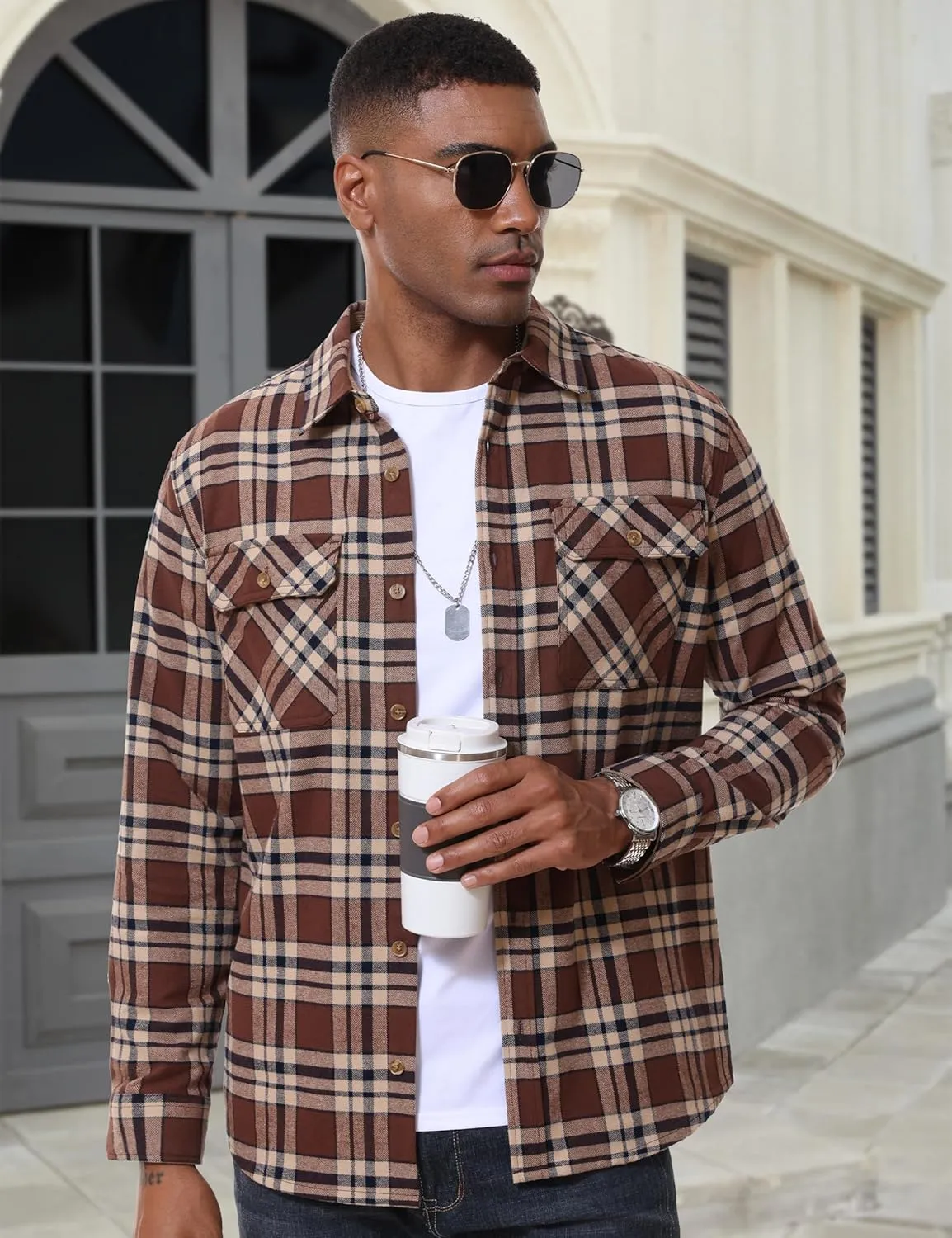 MAGCOMSEN Men's Flannel Shirts Long Sleeve Plaid Shirt Button Up Casual Shirts Lightweight Shirt Jacket with 2 Pockets