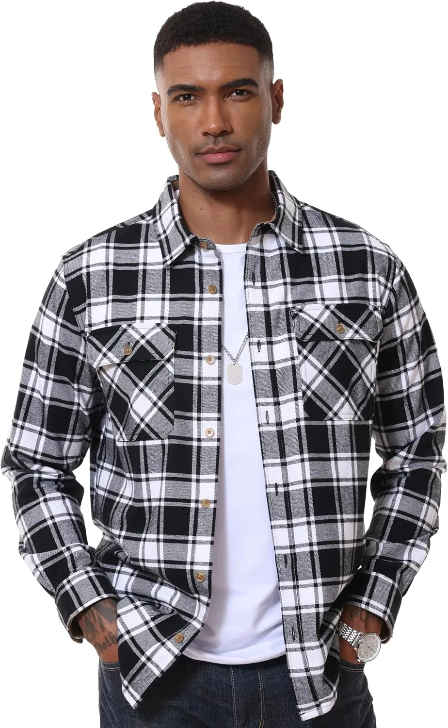 MAGCOMSEN Men's Flannel Shirts Long Sleeve Plaid Shirt Button Up Casual Shirts Lightweight Shirt Jacket with 2 Pockets