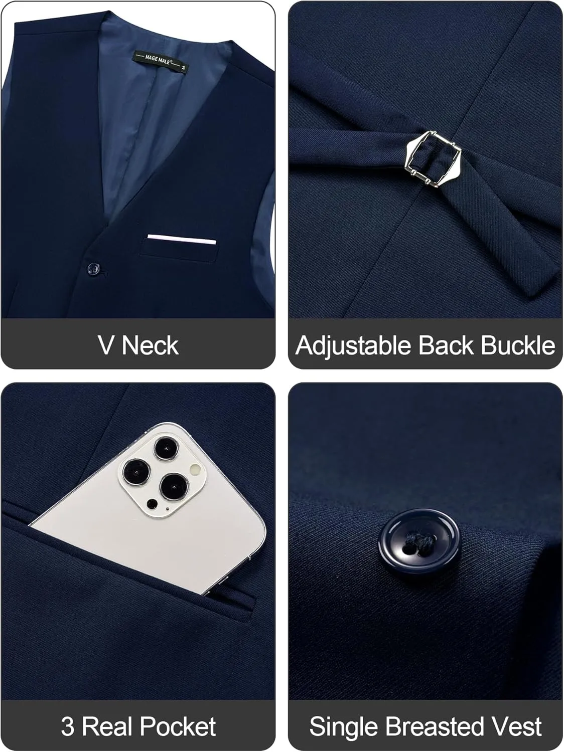 MAGE MALE Men's Suit Vests Casual Formal Dress Vest Business Slim Fit Waistcoat Vest with 3 Real Pockets for Suits Tuxedo