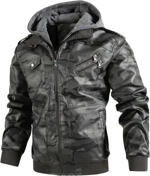 Maiyifu-GJ Camo Motorcycle Jacket for Men Faux Leather Windproof Moto Coat Vintage Bomber Hoodie with Removable Hood