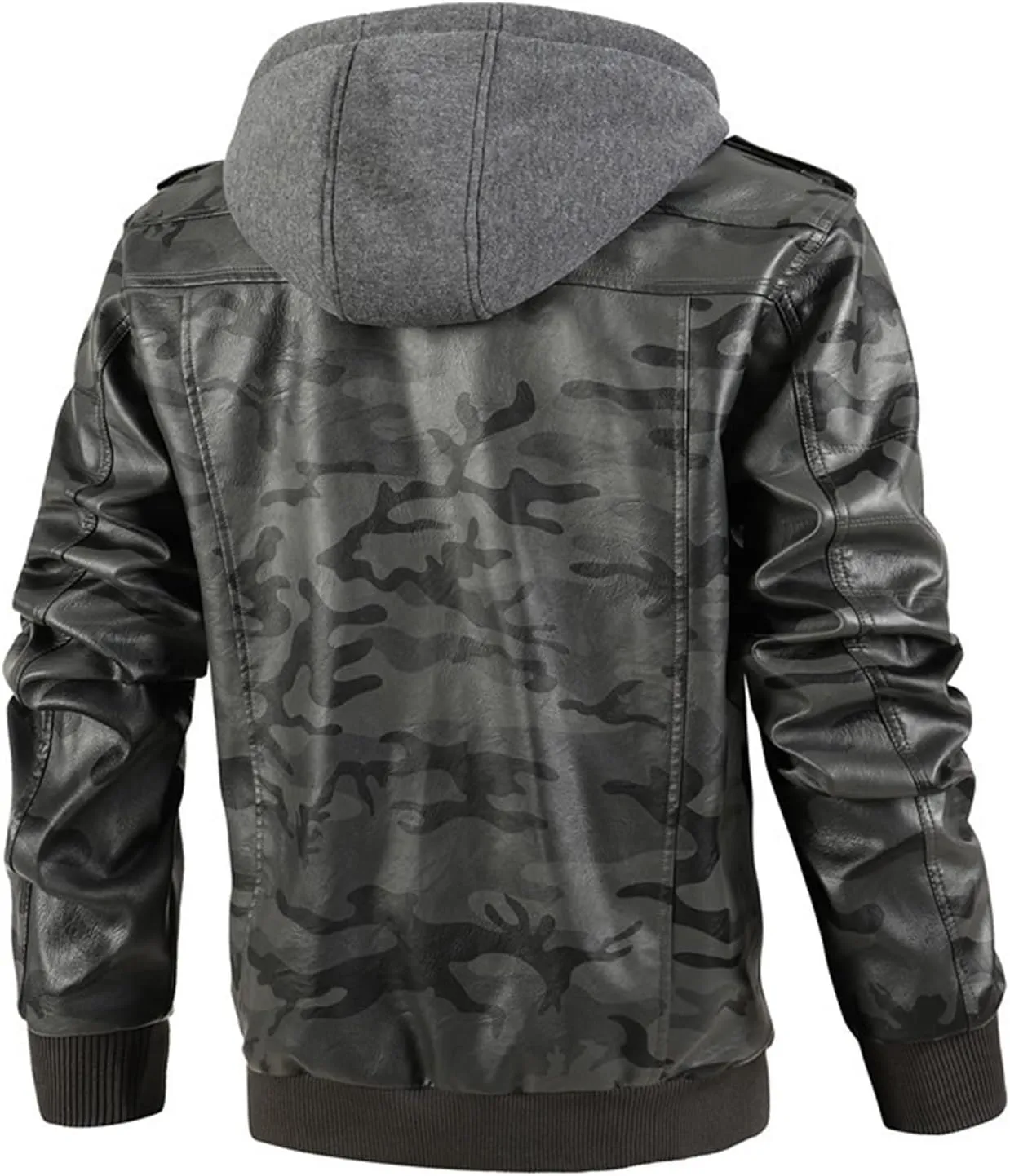 Maiyifu-GJ Camo Motorcycle Jacket for Men Faux Leather Windproof Moto Coat Vintage Bomber Hoodie with Removable Hood