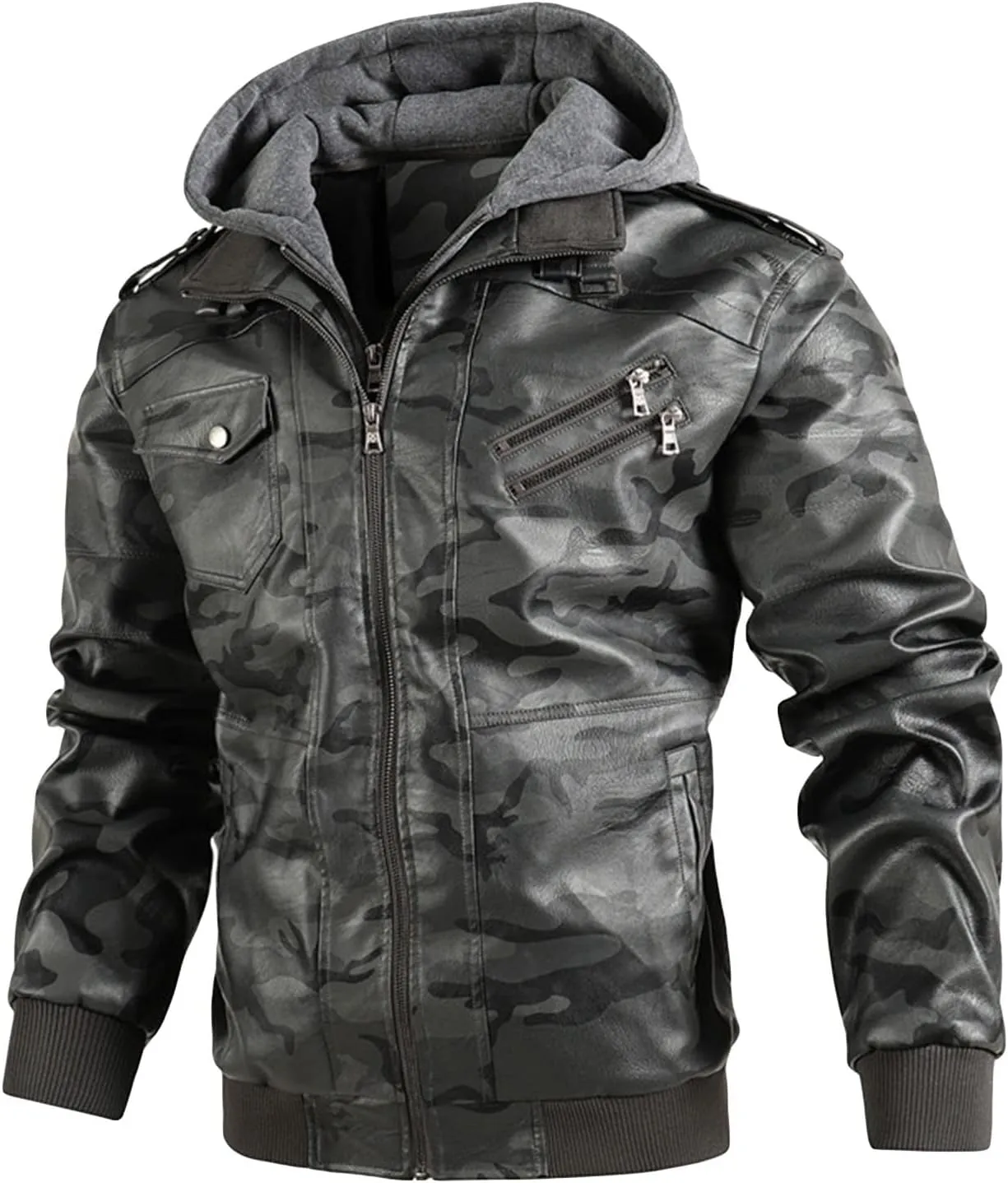 Maiyifu-GJ Camo Motorcycle Jacket for Men Faux Leather Windproof Moto Coat Vintage Bomber Hoodie with Removable Hood