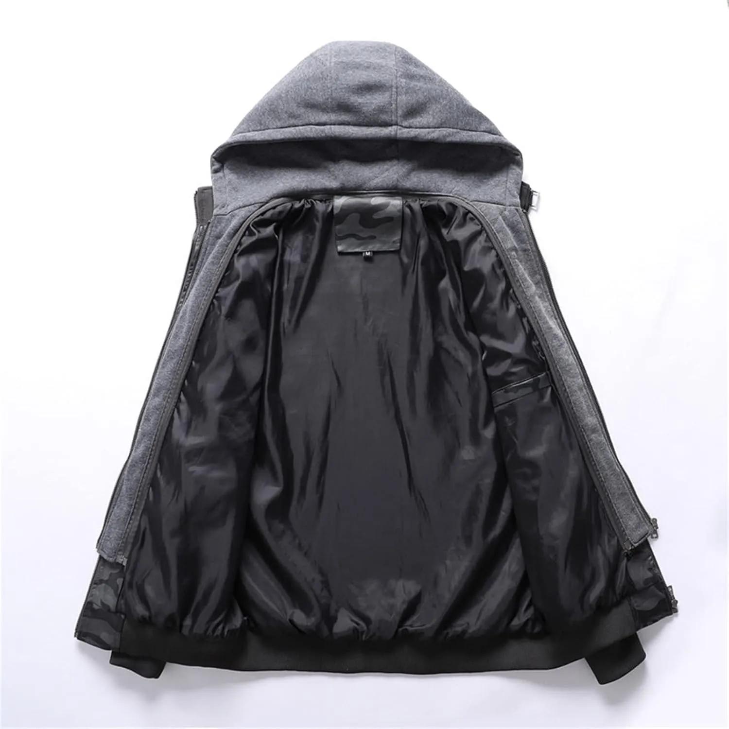 Maiyifu-GJ Camo Motorcycle Jacket for Men Faux Leather Windproof Moto Coat Vintage Bomber Hoodie with Removable Hood