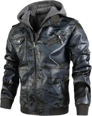 Maiyifu-GJ Camo Motorcycle Jacket for Men Faux Leather Windproof Moto Coat Vintage Bomber Hoodie with Removable Hood