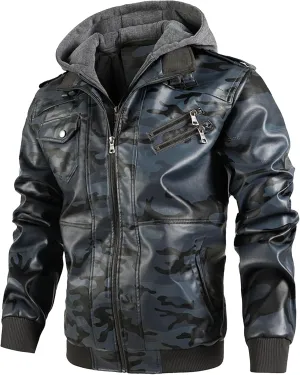Maiyifu-GJ Casual Motorcycle Jacket for Men Faux Leather Windproof Moto Coat Vintage Bomber Hoodie with Removable Hood