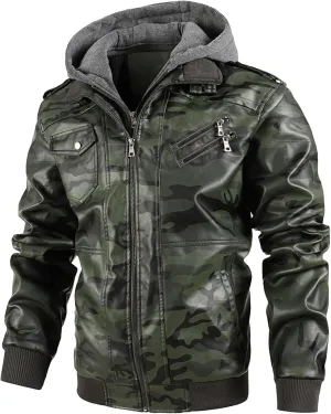 Maiyifu-GJ Casual Motorcycle Jacket for Men Faux Leather Windproof Moto Coat Vintage Bomber Hoodie with Removable Hood