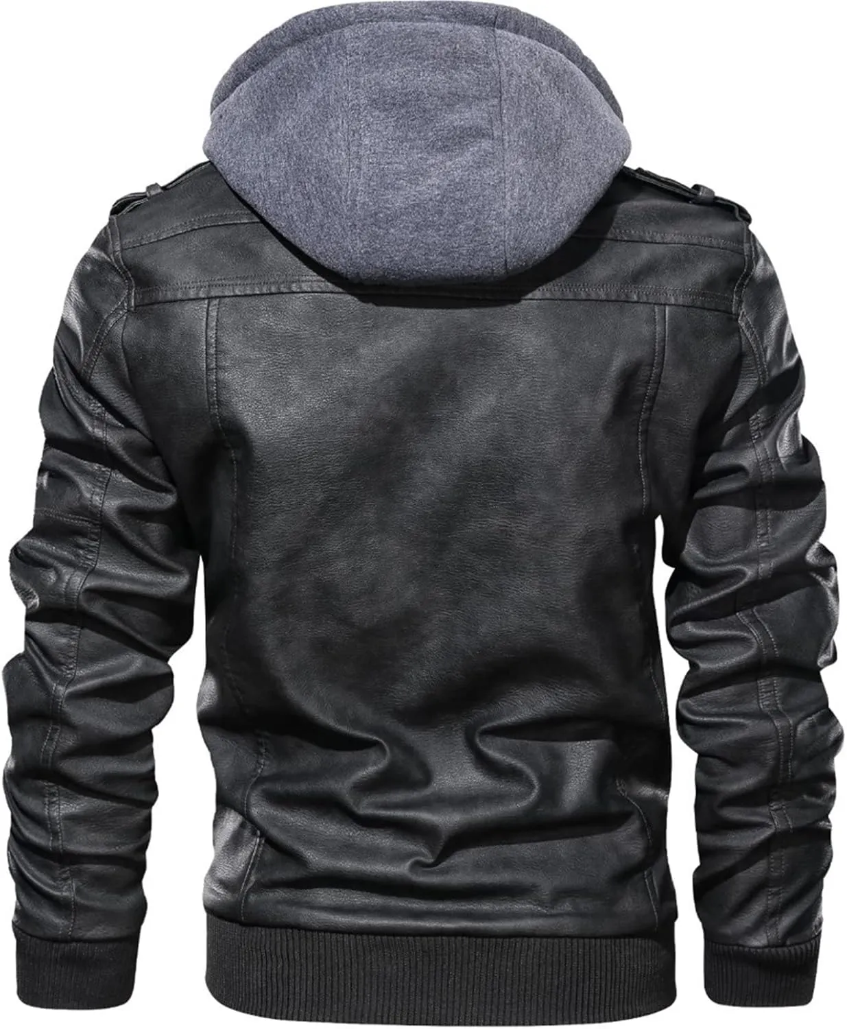 Maiyifu-GJ Casual Motorcycle Jacket for Men Faux Leather Windproof Moto Coat Vintage Bomber Hoodie with Removable Hood