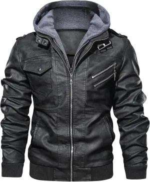 Maiyifu-GJ Casual Motorcycle Jacket for Men Faux Leather Windproof Moto Coat Vintage Bomber Hoodie with Removable Hood