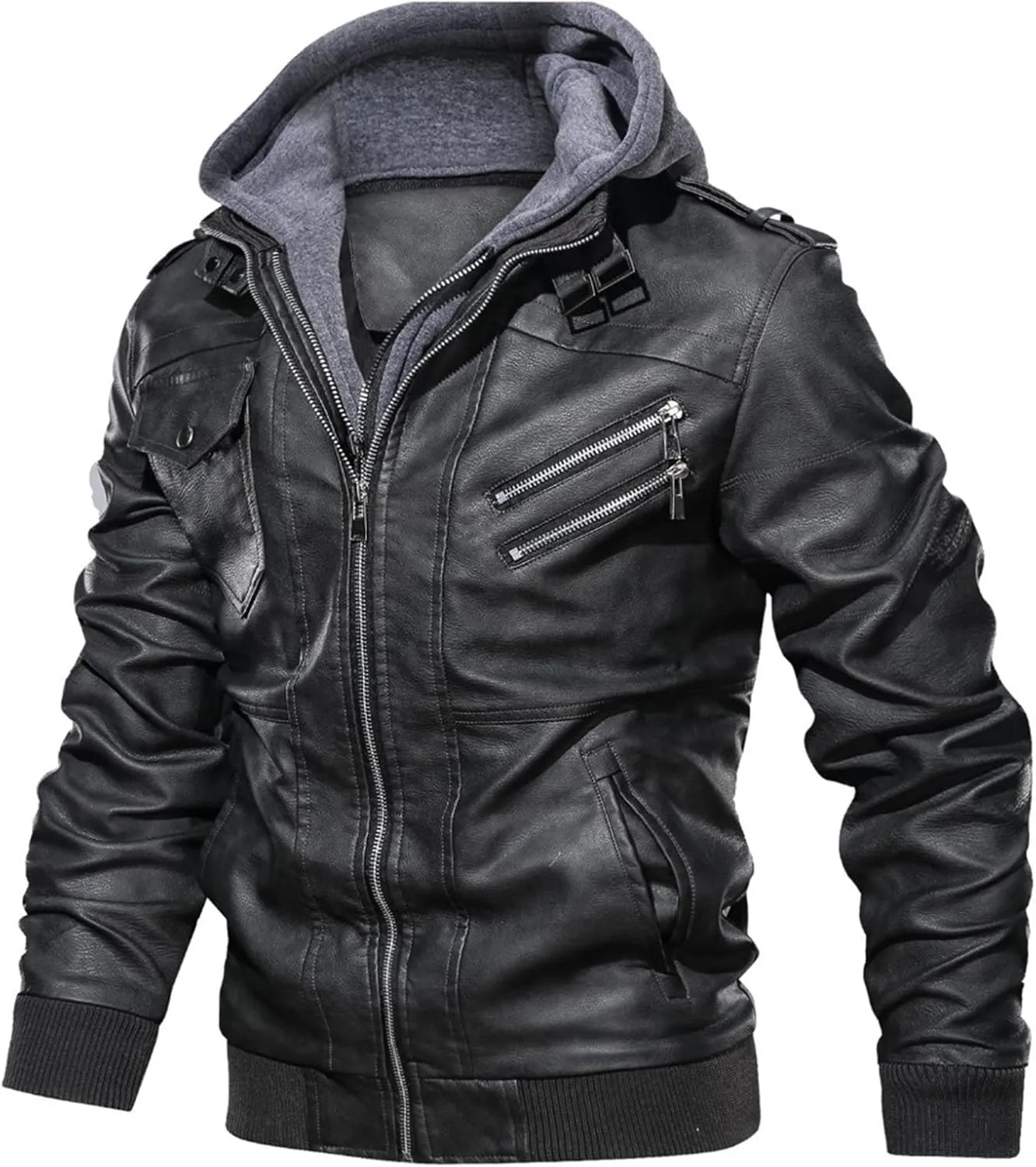Maiyifu-GJ Casual Motorcycle Jacket for Men Faux Leather Windproof Moto Coat Vintage Bomber Hoodie with Removable Hood