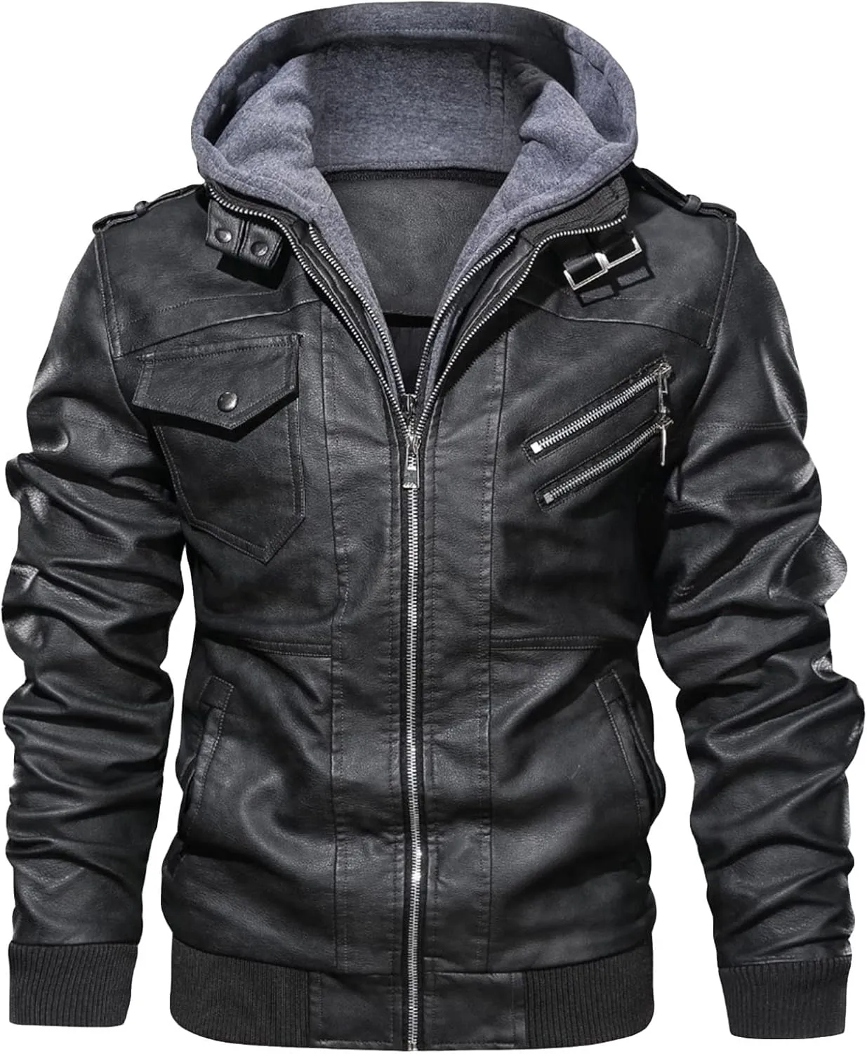 Maiyifu-GJ Casual Motorcycle Jacket for Men Faux Leather Windproof Moto Coat Vintage Bomber Hoodie with Removable Hood