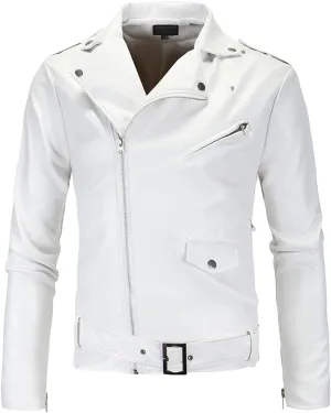 Maiyifu-GJ Men Faux Leather Motorcycle Jacket Retro Notched Lapel Pu Biker Coat Asymmetric Zipper Slim Outwear Overcoat (White,Large)