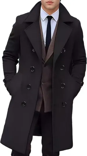 Maiyifu-GJ Men's Trench Coat Slim Fit Winter Notched Lapel Single Breasted Long Jacket Overcoat