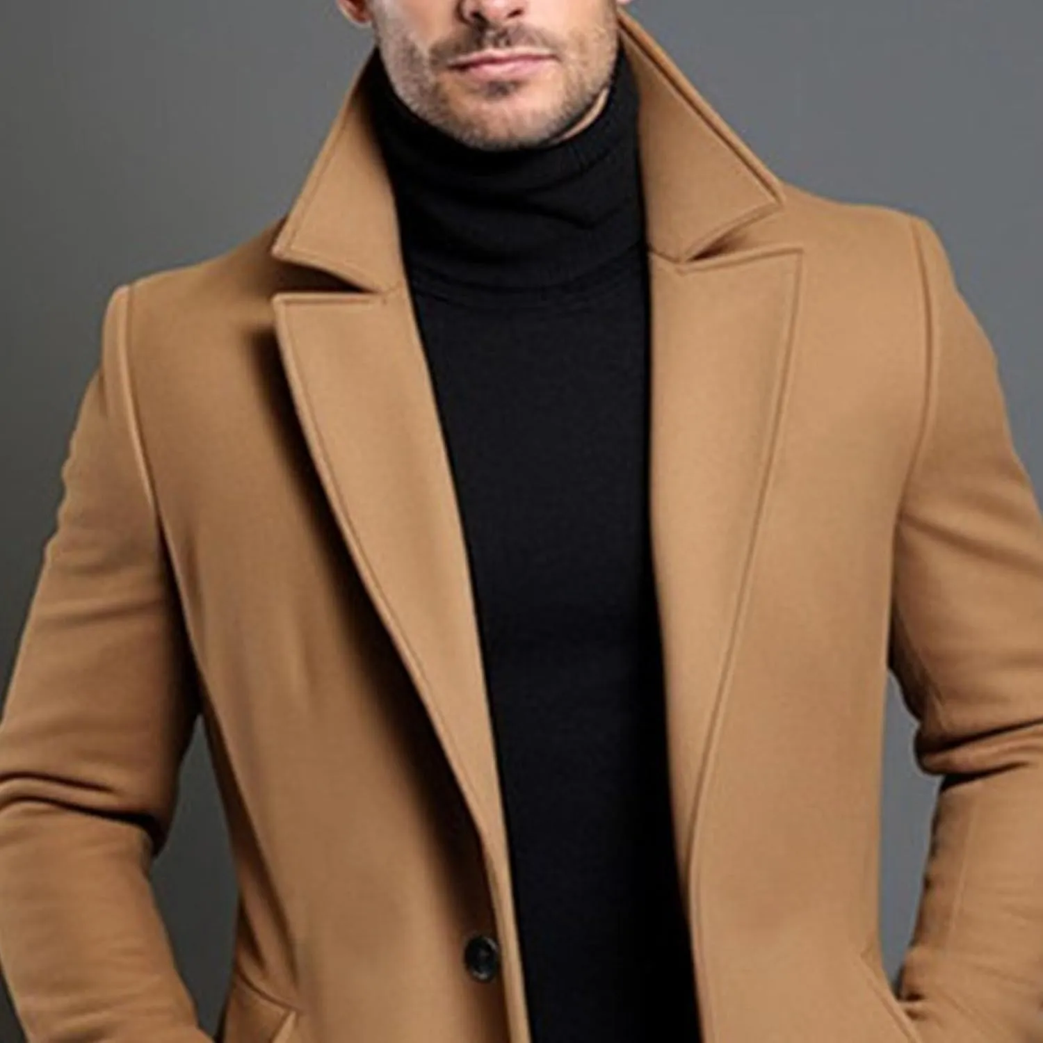 Maiyifu-GJ Men's Trench Coat Slim Fit Winter Notched Lapel Single Breasted Long Jacket Overcoat