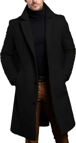 Maiyifu-GJ Men's Trench Coat Slim Fit Winter Notched Lapel Single Breasted Long Jacket Overcoat