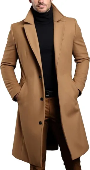 Maiyifu-GJ Men's Trench Coat Slim Fit Winter Notched Lapel Single Breasted Long Jacket Overcoat