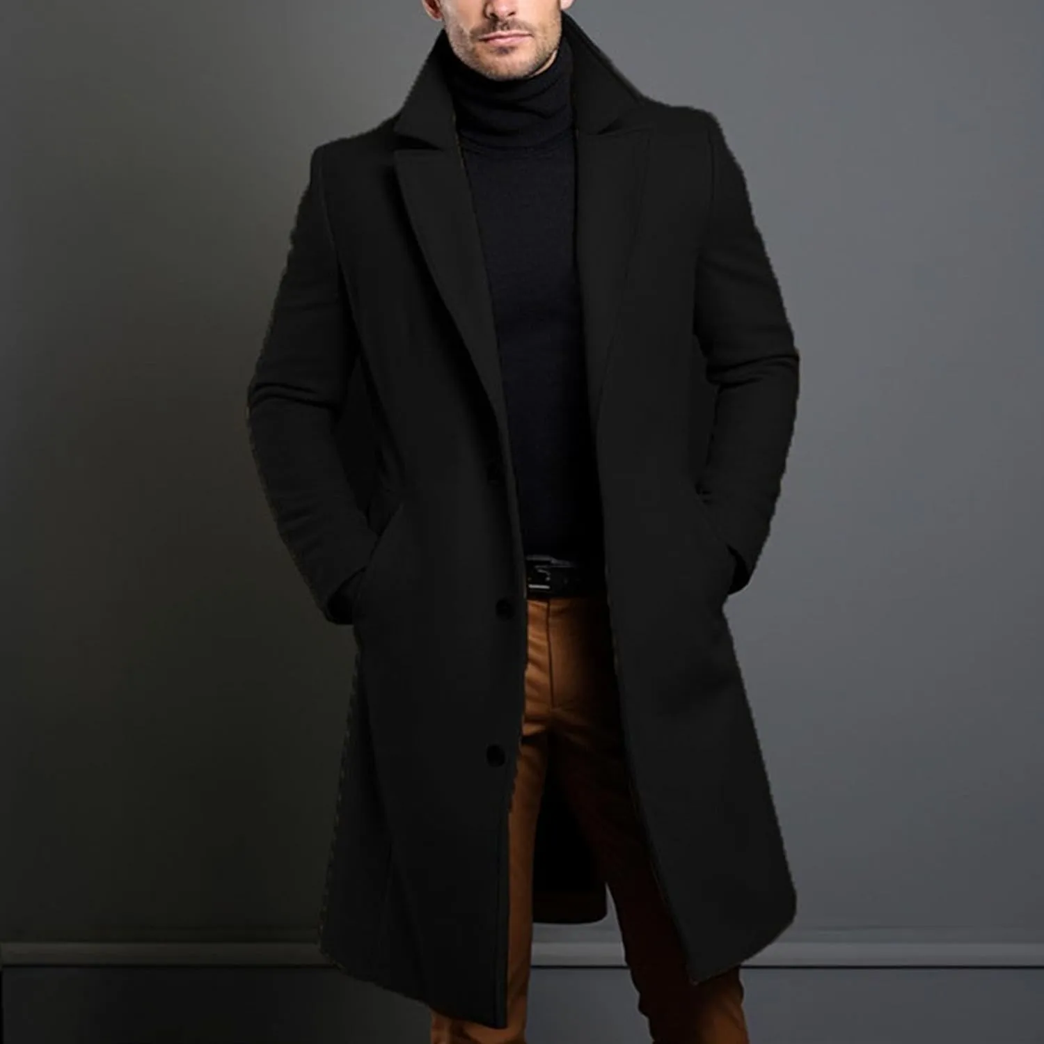 Maiyifu-GJ Men's Trench Coat Slim Fit Winter Notched Lapel Single Breasted Long Jacket Overcoat