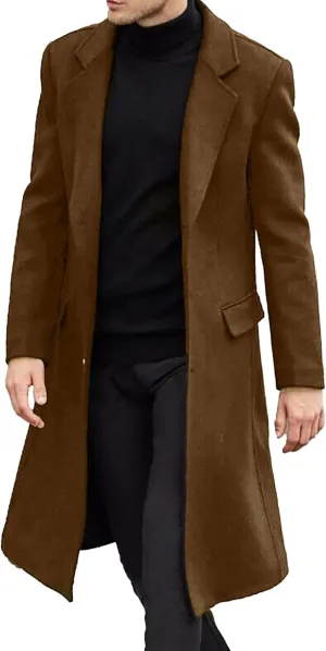 Maiyifu-GJ Men's Trench Coat Slim Fit Winter Notched Lapel Single Breasted Long Jacket Overcoat