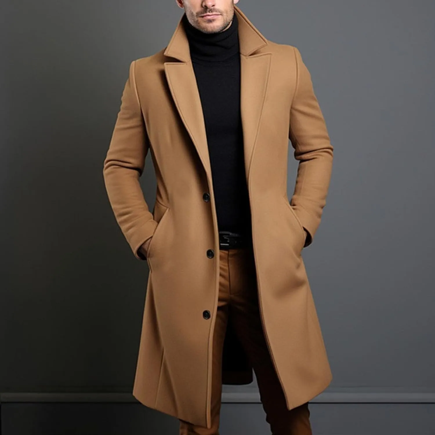 Maiyifu-GJ Men's Trench Coat Slim Fit Winter Notched Lapel Single Breasted Long Jacket Overcoat