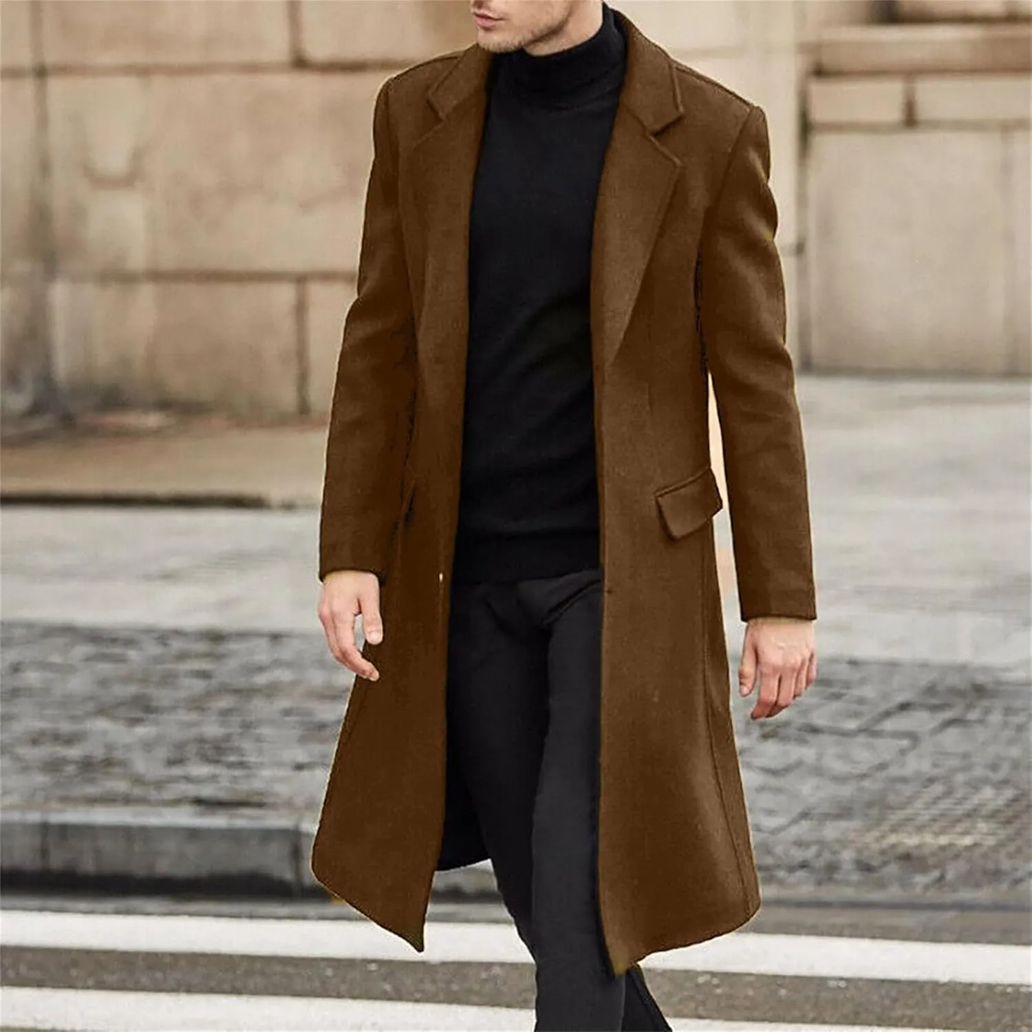 Maiyifu-GJ Men's Trench Coat Slim Fit Winter Notched Lapel Single Breasted Long Jacket Overcoat