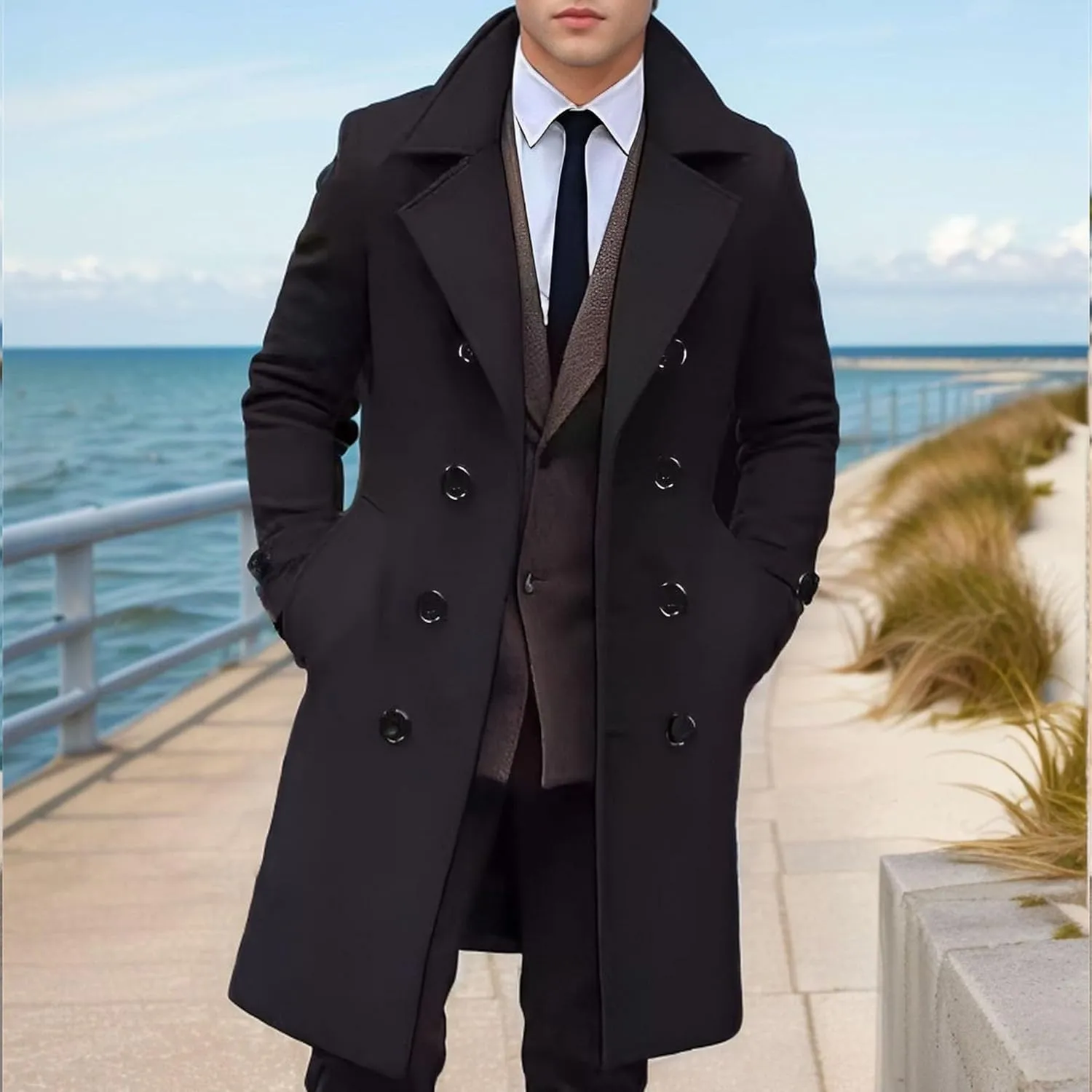 Maiyifu-GJ Men's Trench Coat Slim Fit Winter Notched Lapel Single Breasted Long Jacket Overcoat