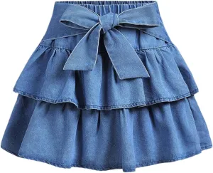 MakeMeChic Girl's Bow Denim Skirt Ruffle Tiered Elastic Waist A Line Cute Mini Skirts