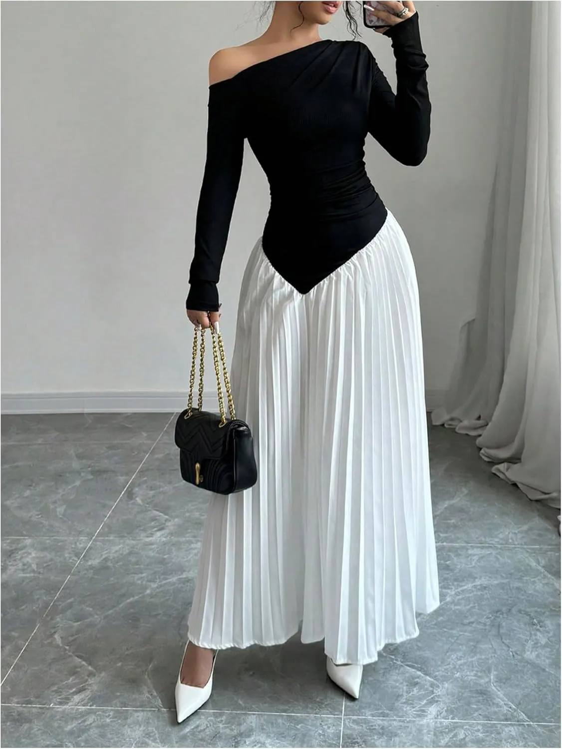 MakeMeChic Women's Elegant One Shoulder Ruched Maxi Dress Pleated Ruffle Hem Fit and Flare Dresses