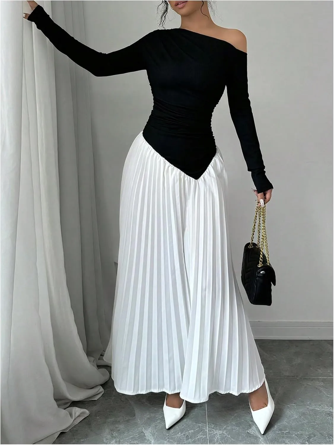MakeMeChic Women's Elegant One Shoulder Ruched Maxi Dress Pleated Ruffle Hem Fit and Flare Dresses