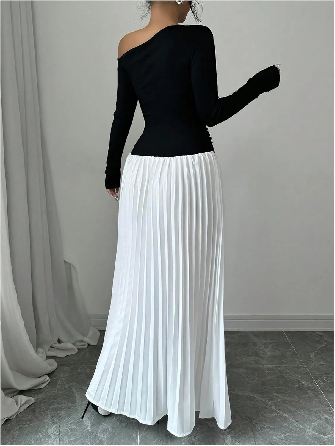 MakeMeChic Women's Elegant One Shoulder Ruched Maxi Dress Pleated Ruffle Hem Fit and Flare Dresses