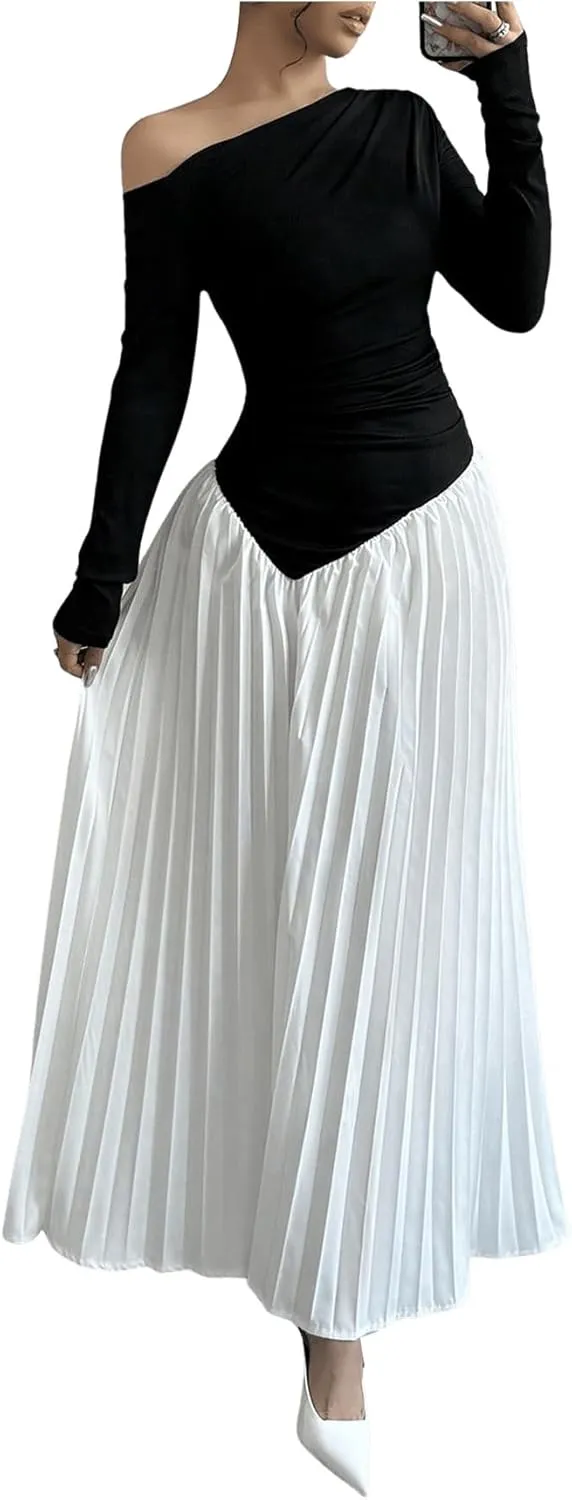 MakeMeChic Women's Elegant One Shoulder Ruched Maxi Dress Pleated Ruffle Hem Fit and Flare Dresses