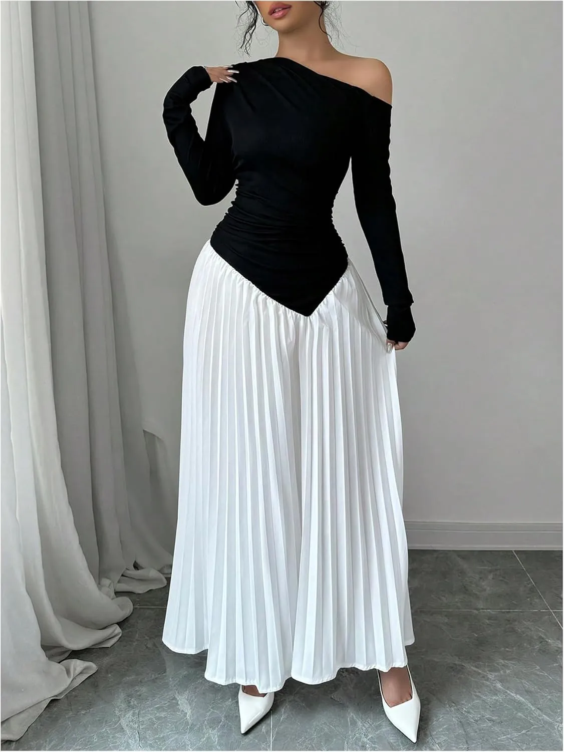 MakeMeChic Women's Elegant One Shoulder Ruched Maxi Dress Pleated Ruffle Hem Fit and Flare Dresses