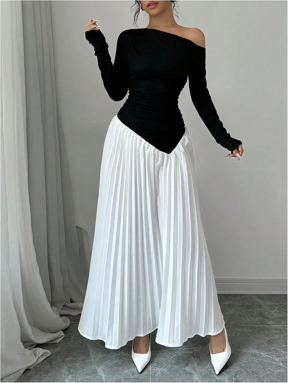 MakeMeChic Women's Elegant One Shoulder Ruched Maxi Dress Pleated Ruffle Hem Fit and Flare Dresses