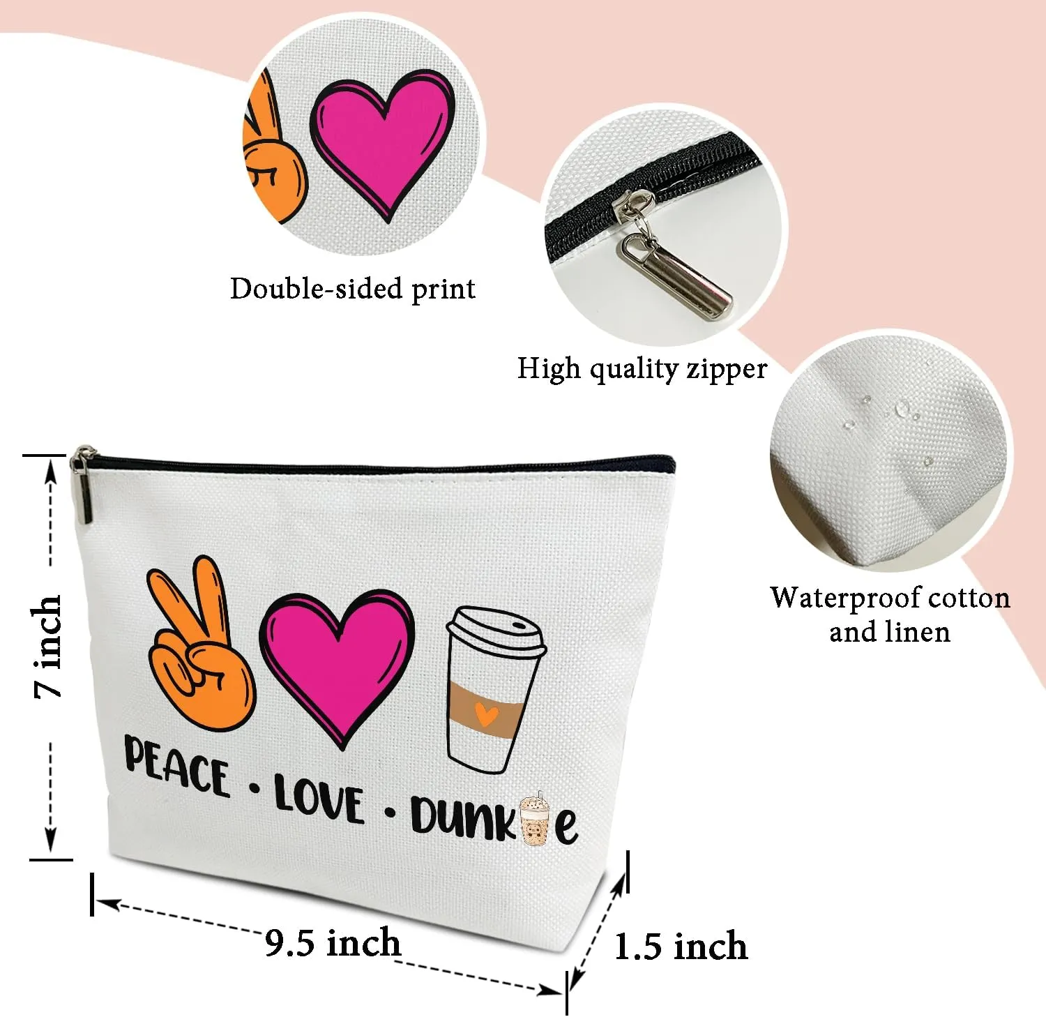 Makeup Bag, Makeup Organizer Bag, Peace Love Donut Junkie, Portable Toiletry Makeup Pouch, Storage Makeup Zipper Bag, Appreciation Coffee Donuts Lover Gift for Women Girl Sister -14