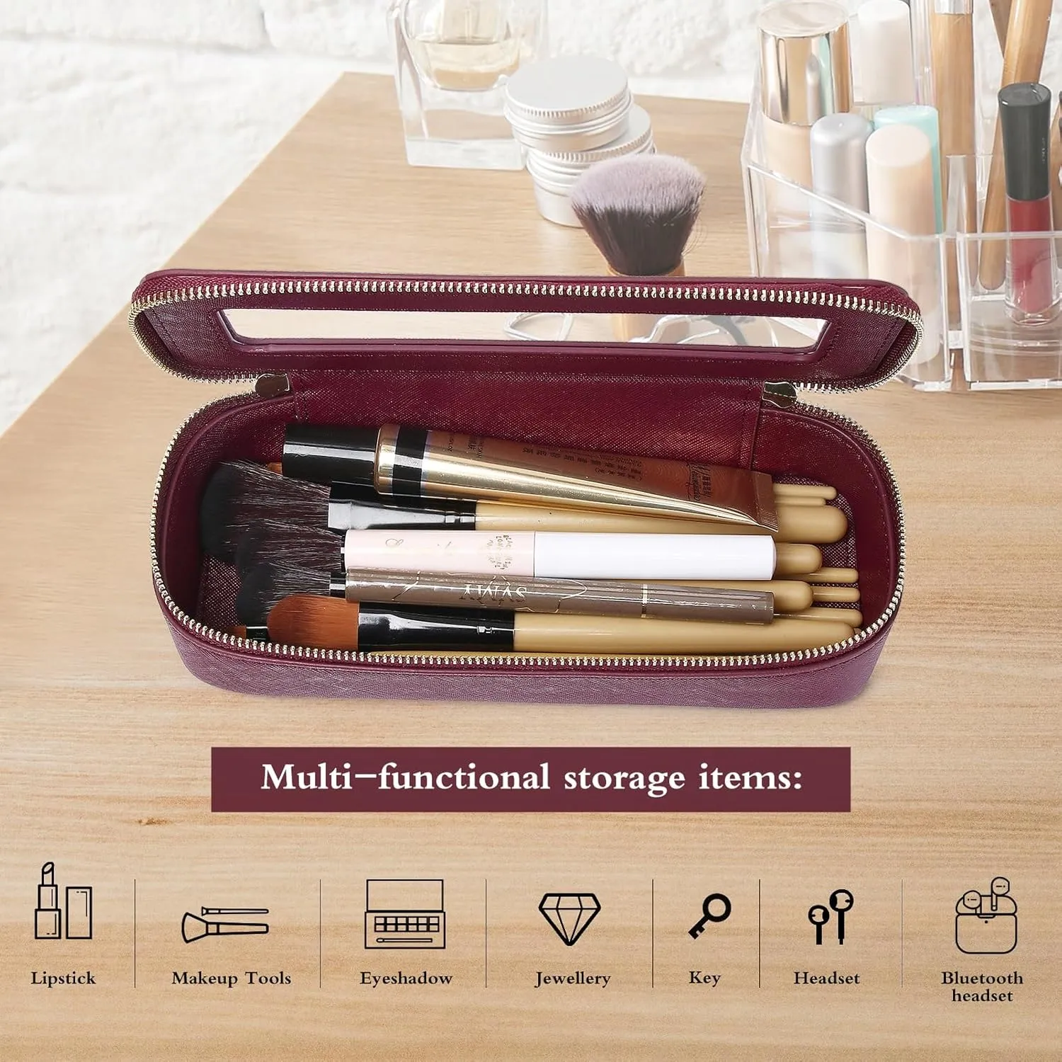 Makeup Brush Case Clear Travel Cosmetic & Toiletry Bag Small Makeup Bag with Zipper Purse Organizer Car Essential Bag for Women (X/Burgundy, SLIM)