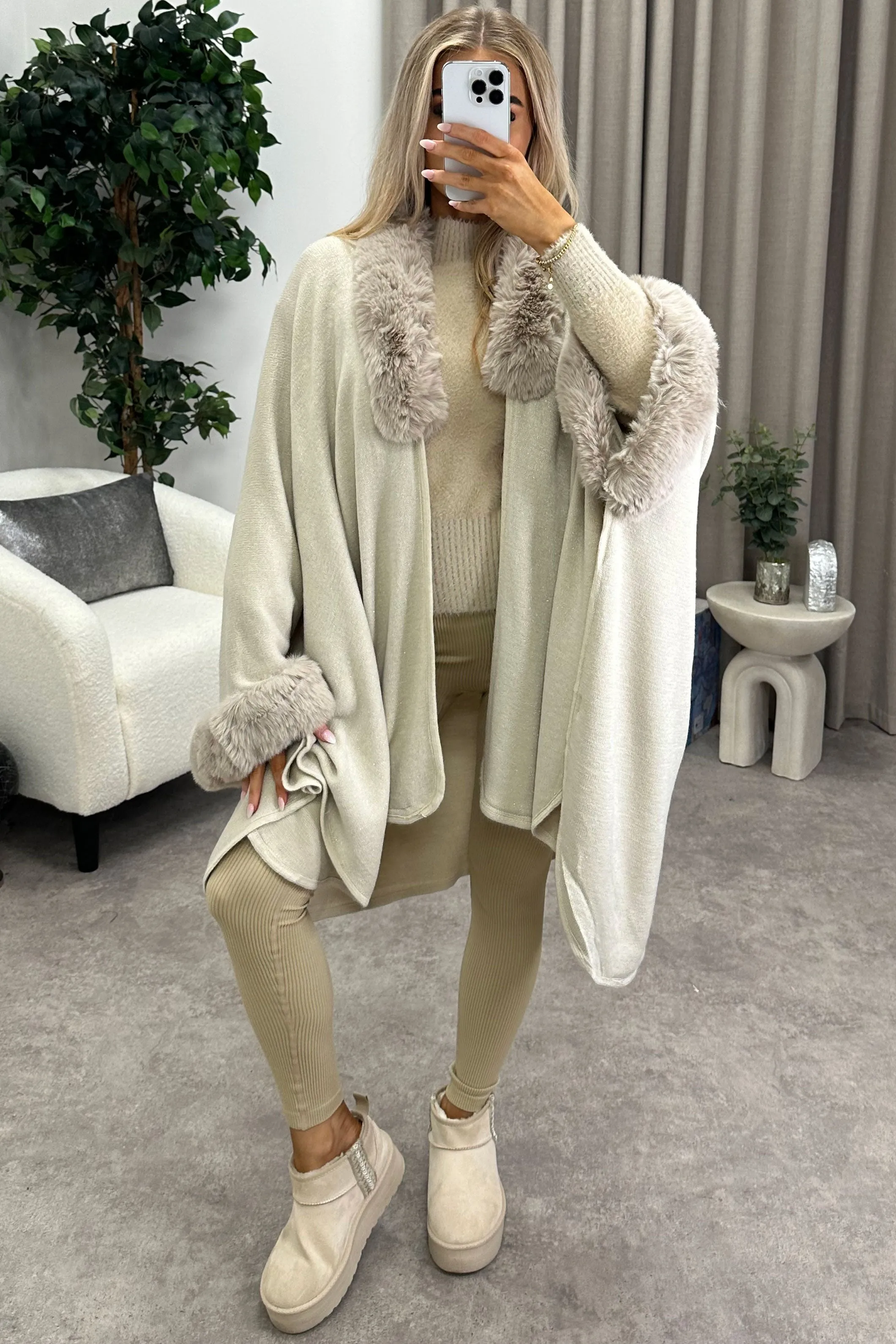 Marcella Beige Glitter Lurex Faux Fur Trim Cape