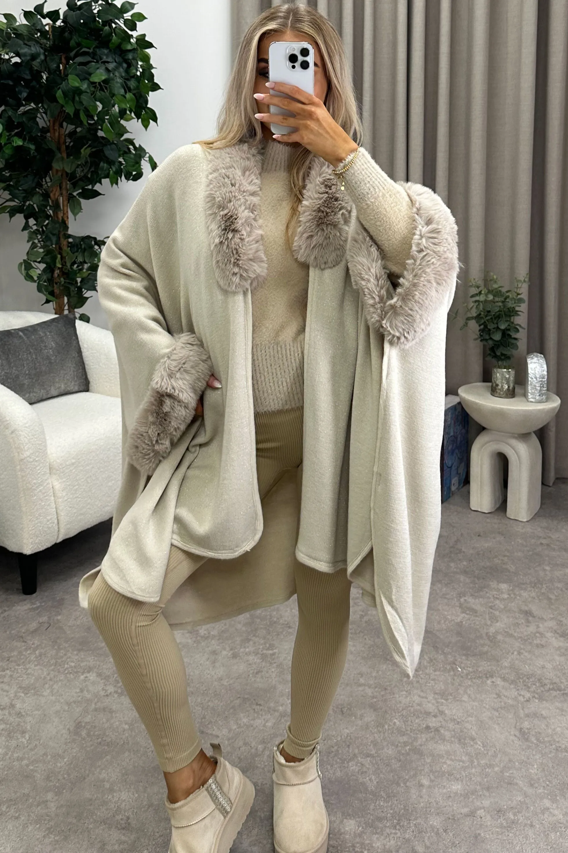 Marcella Beige Glitter Lurex Faux Fur Trim Cape