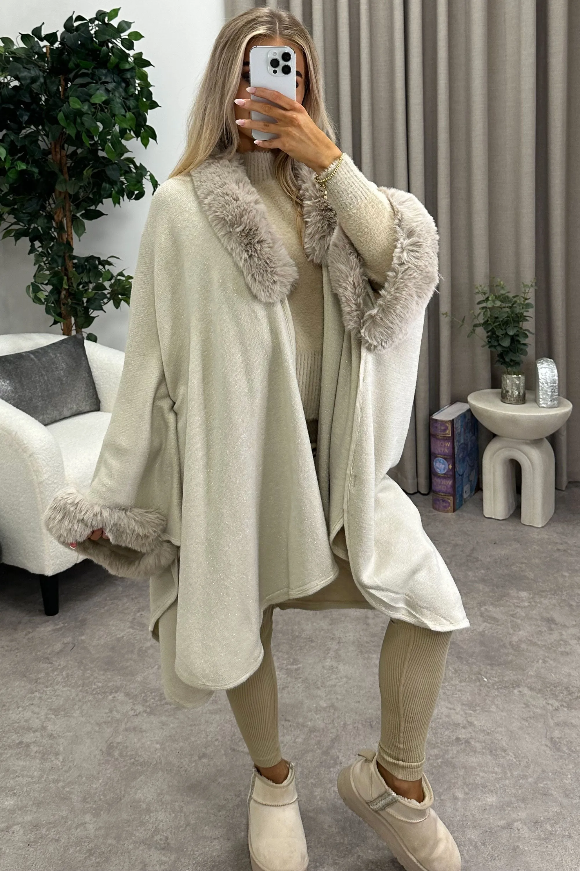 Marcella Beige Glitter Lurex Faux Fur Trim Cape