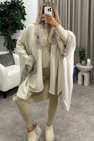 Marcella Beige Glitter Lurex Faux Fur Trim Cape